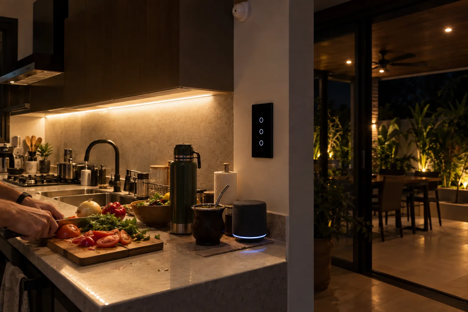 Cocina de noche con luz bajo alacena, sensor de movimiento en el techo, panel táctil y parlante inteligente junto al mate