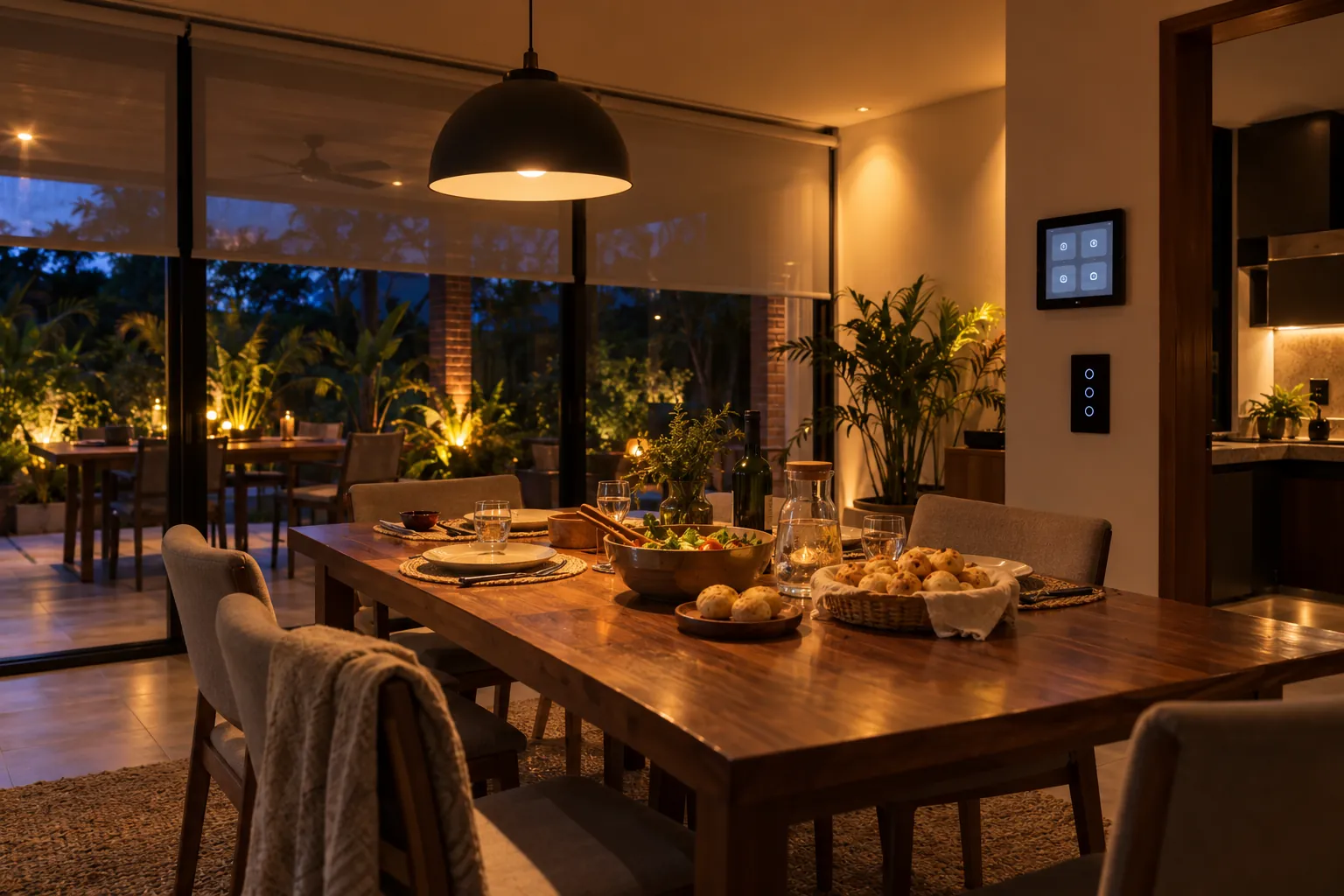 Comedor en escena de cena: lámpara regulada, cortinas enrollables a media altura y panel de escenas en la pared